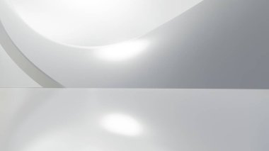 Boş beton zeminli soyut dalgalı mimari alan, yumuşak beyaz bilim kurgu iç plan, 3D görüntüleme