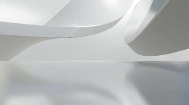 Boş beton zeminli soyut dalgalı mimari alan, yumuşak beyaz bilim kurgu iç plan, 3D görüntüleme