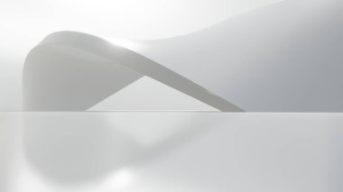 Boş beton zeminli soyut dalgalı mimari alan, yumuşak beyaz bilim kurgu iç plan, 3D görüntüleme