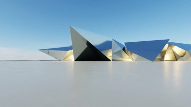Soyut modern mimari arka plan, minimal geometri mimari tasarımı, boş beton zeminli araba sunumu arkaplanı, Geometrik metal bina tasarımı