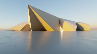 Soyut modern mimari arka plan, minimal geometri mimari tasarımı, boş beton zeminli araba sunumu arkaplanı, Geometrik beyaz bina tasarımı