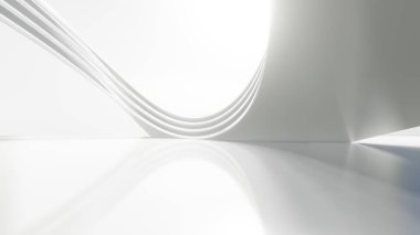 Soyut beyaz kavisli mimari arka plan, yansıyan beton zeminli boş dalgalı alan, fütüristik modern iç fon, dairesel yapının 3D görüntüsü
