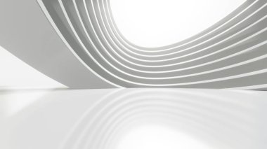 Soyut beyaz kavisli mimari arka plan, yansıyan beton zeminli boş dalgalı alan, fütüristik modern iç fon, dairesel yapının 3D görüntüsü