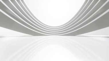 Soyut beyaz kavisli mimari arka plan, yansıyan beton zeminli boş dalgalı alan, fütüristik modern iç fon, dairesel yapının 3D görüntüsü