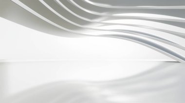 Soyut beyaz kavisli mimari arka plan, yansıyan beton zeminli boş dalgalı alan, fütüristik modern iç fon, dairesel yapının 3D görüntüsü