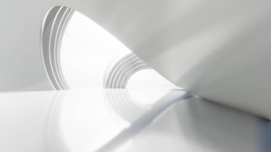 Soyut beyaz kavisli mimari arka plan, yansıyan beton zeminli boş dalgalı alan, fütüristik modern iç fon, dairesel yapının 3D görüntüsü
