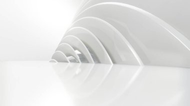 Soyut beyaz kavisli mimari arka plan, yansıyan beton zeminli boş dalgalı alan, fütüristik modern iç fon, dairesel yapının 3D görüntüsü