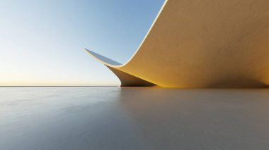 Soyut beyaz kıvrımlı mimari arka plan, yansıyan beton zeminli boş dalgalı alan, fütürist modern iç fon, çarpık binanın 3D görüntüsü