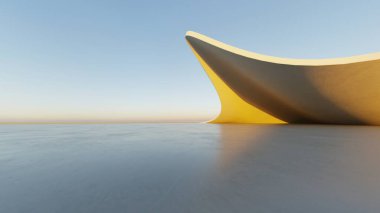 Soyut beyaz kıvrımlı mimari arka plan, yansıyan beton zeminli boş dalgalı alan, fütürist modern iç fon, çarpık binanın 3D görüntüsü