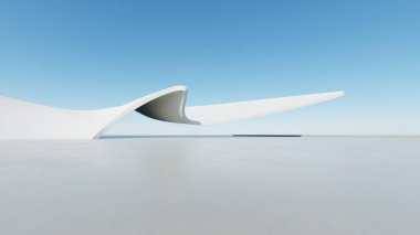 Soyut beyaz kıvrımlı mimari arka plan, yansıyan beton zeminli boş dalgalı alan, fütürist modern iç fon, çarpık binanın 3D görüntüsü