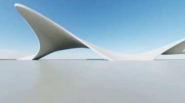 Soyut beyaz kıvrımlı mimari arka plan, yansıyan beton zeminli boş dalgalı alan, fütürist modern iç fon, çarpık binanın 3D görüntüsü