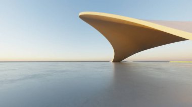 Soyut beyaz kıvrımlı mimari arka plan, yansıyan beton zeminli boş dalgalı alan, fütürist modern iç fon, çarpık binanın 3D görüntüsü