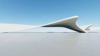 Soyut beyaz kıvrımlı mimari arka plan, yansıyan beton zeminli boş dalgalı alan, fütürist modern iç fon, çarpık binanın 3D görüntüsü