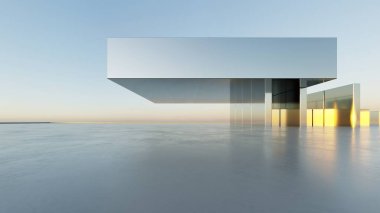 Soyut modern mimari arka plan, minimal geometri mimari tasarımı, boş beton zeminli araba sunumu arkaplanı, Geometrik metal bina tasarımı