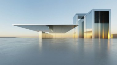 Soyut modern mimari arka plan, minimal geometri mimari tasarımı, boş beton zeminli araba sunumu arkaplanı, Geometrik metal bina tasarımı