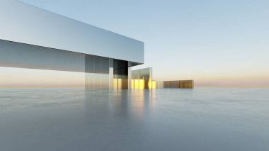 Soyut modern mimari arka plan, minimal geometri mimari tasarımı, boş beton zeminli araba sunumu arkaplanı, Geometrik metal bina tasarımı