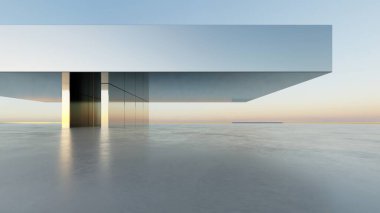 Soyut modern mimari arka plan, minimal geometri mimari tasarımı, boş beton zeminli araba sunumu arkaplanı, Geometrik metal bina tasarımı