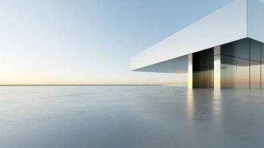 Soyut modern mimari arka plan, minimal geometri mimari tasarımı, boş beton zeminli araba sunumu arkaplanı, Geometrik metal bina tasarımı