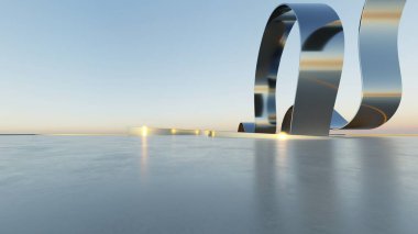 Üç boyutlu soyut dalgalı mimari arka plan, minimum eğimli geometri mimari tasarımı, boş beton zeminli araba sunum arkaplanı, akan geometrik metal bina tasarımı