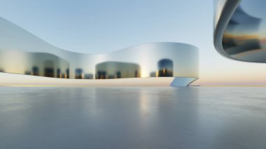 Üç boyutlu soyut dalgalı mimari arka plan, minimum eğimli geometri mimari tasarımı, boş beton zeminli araba sunum arkaplanı, akan geometrik metal bina tasarımı