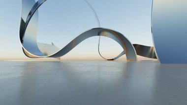 Üç boyutlu soyut dalgalı mimari arka plan, minimum eğimli geometri mimari tasarımı, boş beton zeminli araba sunum arkaplanı, akan geometrik metal bina tasarımı