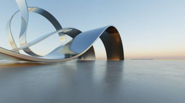 Üç boyutlu soyut dalgalı mimari arka plan, minimum eğimli geometri mimari tasarımı, boş beton zeminli araba sunum arkaplanı, akan geometrik metal bina tasarımı