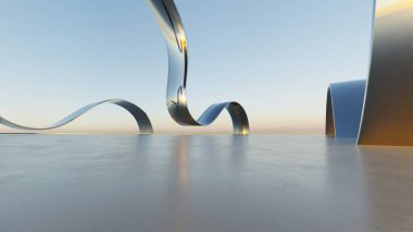 Üç boyutlu soyut dalgalı mimari arka plan, minimum eğimli geometri mimari tasarımı, boş beton zeminli araba sunum arkaplanı, akan geometrik metal bina tasarımı