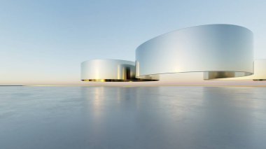 Üç boyutlu soyut dalgalı mimari arka plan, minimum eğimli geometri mimari tasarımı, boş beton zeminli araba sunum arkaplanı, akan geometrik metal bina tasarımı