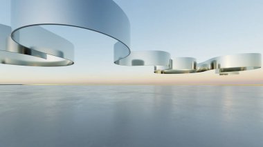 Üç boyutlu soyut dalgalı mimari arka plan, minimum eğimli geometri mimari tasarımı, boş beton zeminli araba sunum arkaplanı, akan geometrik metal bina tasarımı