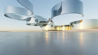 Üç boyutlu soyut dalgalı mimari arka plan, minimum eğimli geometri mimari tasarımı, boş beton zeminli araba sunum arkaplanı, akan geometrik metal bina tasarımı