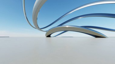 Üç boyutlu soyut dalgalı mimari arka plan, minimum eğimli geometri mimari tasarımı, boş beton zeminli araba sunum arkaplanı, akan geometrik metal bina tasarımı