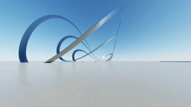 Üç boyutlu soyut dalgalı mimari arka plan, minimum eğimli geometri mimari tasarımı, boş beton zeminli araba sunum arkaplanı, akan geometrik metal bina tasarımı