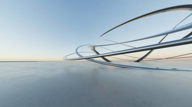 Üç boyutlu soyut dalgalı mimari arka plan, minimum eğimli geometri mimari tasarımı, boş beton zeminli araba sunum arkaplanı, akan geometrik metal bina tasarımı