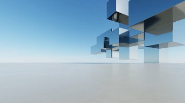 Soyut modern mimari arka plan, minimal geometri mimari tasarımı, boş beton zeminli araba sunumu arkaplanı, Geometrik metal bina tasarımı