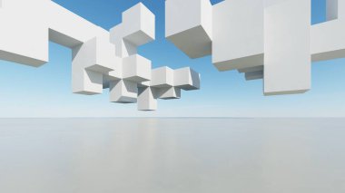 Soyut modern mimari arka plan, minimal geometri mimari tasarımı, boş beton zeminli araba sunumu arkaplanı, Geometrik beyaz bloklar bina tasarımı