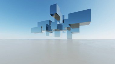 Soyut modern mimari arka plan, minimal geometri mimari tasarımı, boş beton zeminli araba sunumu arkaplanı, Geometrik metal bina tasarımı