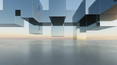 Soyut modern mimari arka plan, minimal geometri mimari tasarımı, boş beton zeminli araba sunumu arkaplanı, Geometrik metal bina tasarımı