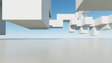 Soyut modern mimari arka plan, minimal geometri mimari tasarımı, boş beton zeminli araba sunumu arkaplanı, Geometrik beyaz bloklar bina tasarımı