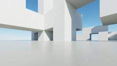 Soyut modern mimari arka plan, minimal geometri mimari tasarımı, boş beton zeminli araba sunumu arkaplanı, Geometrik beyaz bloklar bina tasarımı