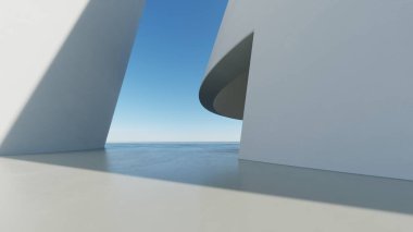 Soyut beyaz kıvrımlı mimari arka plan, yansıyan beton zeminli boş dalgalı alan, fütürist modern iç fon, çarpık binanın 3D görüntüsü