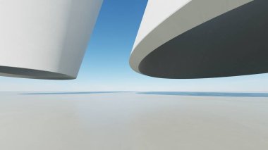 Soyut beyaz kıvrımlı mimari arka plan, yansıyan beton zeminli boş dalgalı alan, fütürist modern iç fon, çarpık binanın 3D görüntüsü