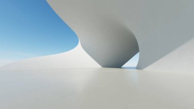 Soyut beyaz kıvrımlı mimari arka plan, yansıyan beton zeminli boş dalgalı alan, fütürist modern iç fon, çarpık binanın 3D görüntüsü