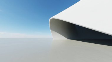 Soyut beyaz kıvrımlı mimari arka plan, yansıyan beton zeminli boş dalgalı alan, fütürist modern iç fon, çarpık binanın 3D görüntüsü