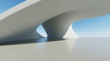 Soyut beyaz kıvrımlı mimari arka plan, yansıyan beton zeminli boş dalgalı alan, fütürist modern iç fon, çarpık binanın 3D görüntüsü