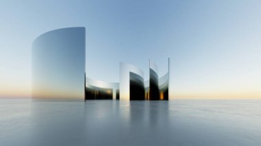 Üç boyutlu soyut dalgalı mimari arka plan, minimum eğimli geometri mimari tasarımı, boş beton zeminli araba sunum arkaplanı, akan geometrik metal bina tasarımı