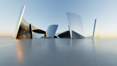 Üç boyutlu soyut dalgalı mimari arka plan, minimum eğimli geometri mimari tasarımı, boş beton zeminli araba sunum arkaplanı, akan geometrik metal bina tasarımı