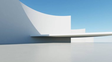 Soyut beyaz kıvrımlı mimari arka plan, yansıyan beton zeminli boş dalgalı alan, fütürist modern iç fon, çarpık binanın 3D görüntüsü