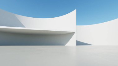 Soyut beyaz kıvrımlı mimari arka plan, yansıyan beton zeminli boş dalgalı alan, fütürist modern iç fon, çarpık binanın 3D görüntüsü