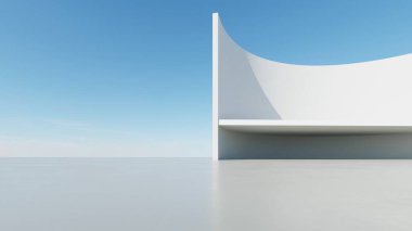 Soyut beyaz kıvrımlı mimari arka plan, yansıyan beton zeminli boş dalgalı alan, fütürist modern iç fon, çarpık binanın 3D görüntüsü