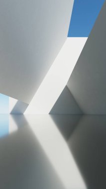 Soyut modern mimari arka plan, minimal geometri mimari tasarımı, boş beton zeminli araba sunumu arkaplanı, Geometrik beyaz bloklar bina tasarımı